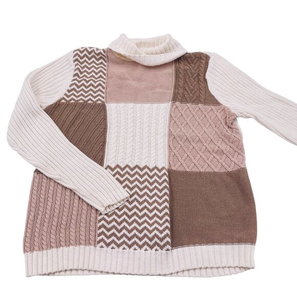 Liz Claiborne Woman Patchwork Turtleneck Sweater 2X beige brown - Picture 1 of 4